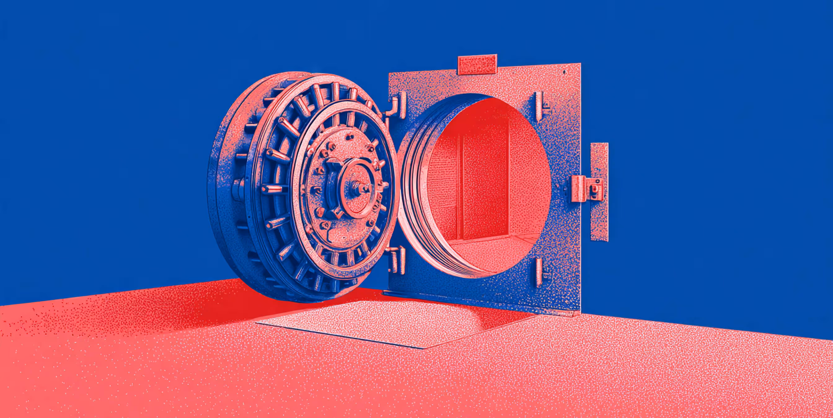 Illustration of an open vault door in red and blue tones, symbolizing digital security, data protection, and system access.