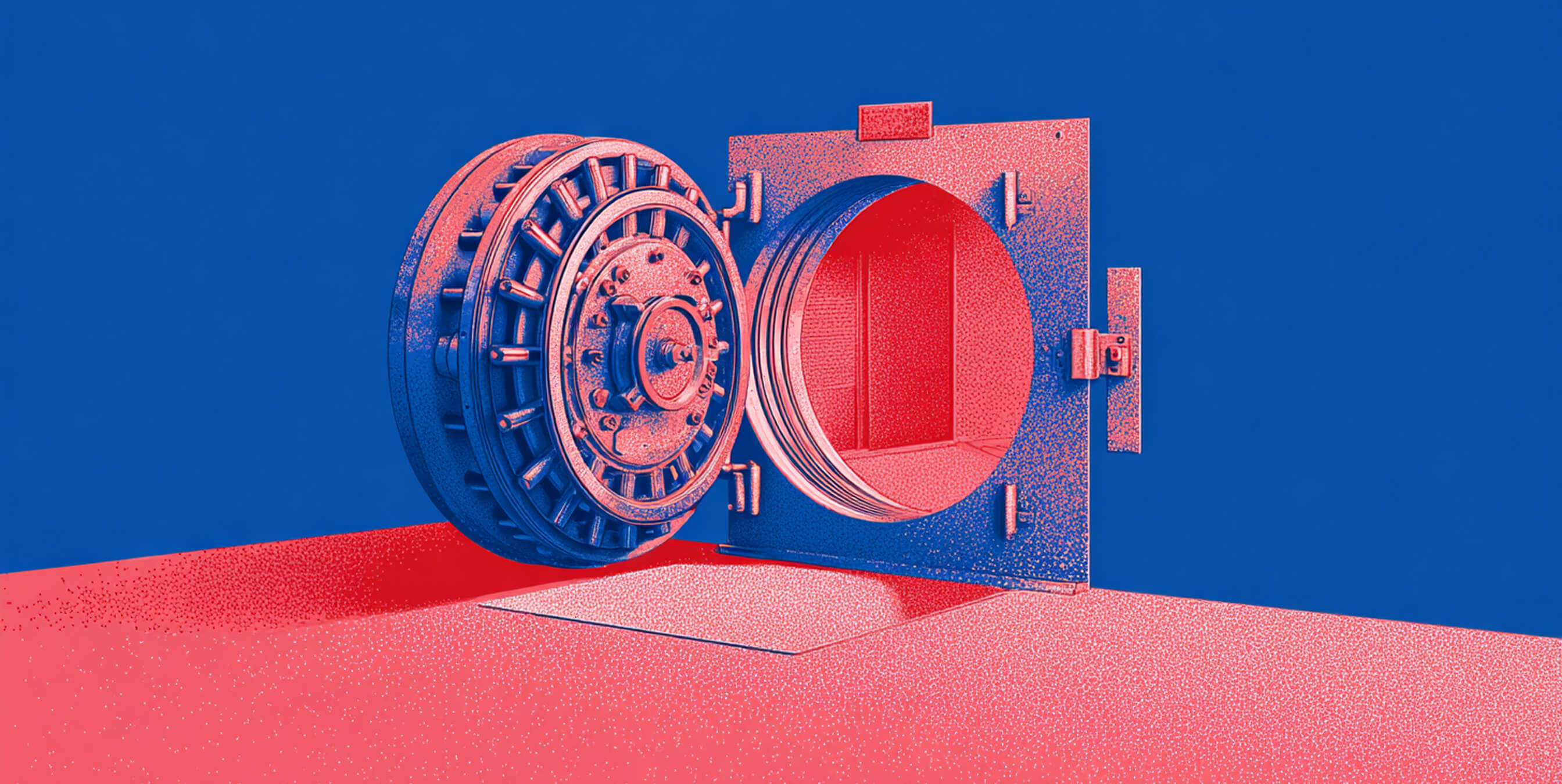 Illustration of an open vault door in red and blue tones, symbolizing digital security, data protection, and system access.