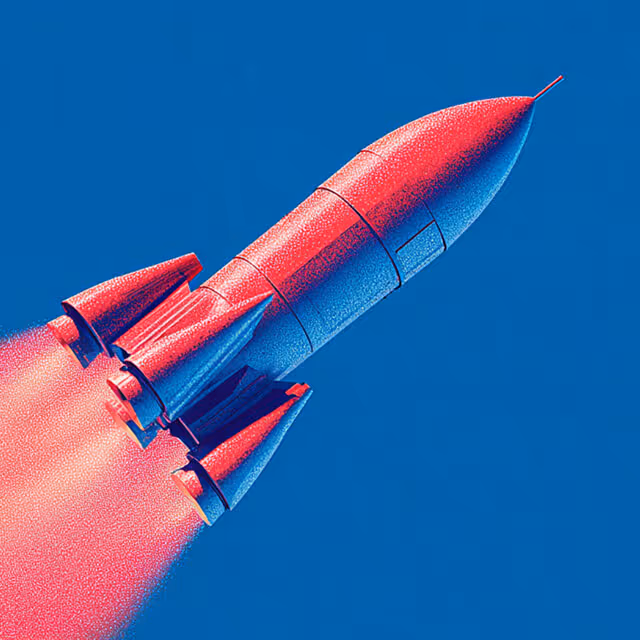 Red and blue rocket launching against a solid blue background, representing speed, performance, and innovation.