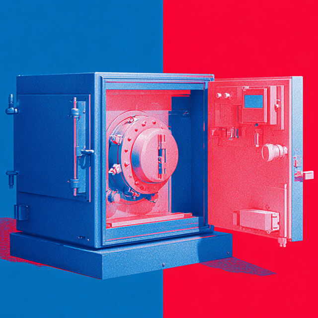 Industrial-style vault with an open door split by red and blue lighting, symbolizing secure infrastructure and backup systems.