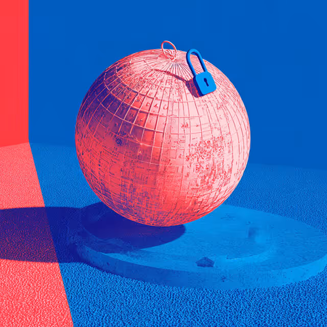 Red and blue globe with a padlock on top, symbolizing global cybersecurity and data encryption.