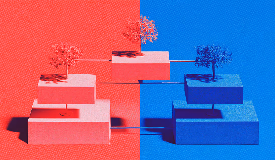 Minimalist composition with red and blue blocks connected by small trees, symbolizing balance, growth, and system linkage.