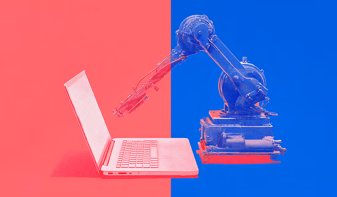 Robotic arm reaching toward a laptop on a red and blue split background, symbolizing automation and system maintenance.