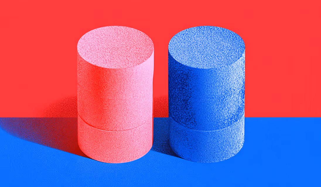 Two stacked cylinders, one red and one blue, representing database systems, backups, and mirrored storage.