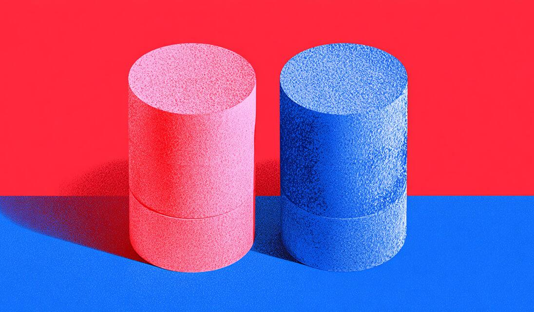 Two stacked cylinders, one red and one blue, representing database systems, backups, and mirrored storage.