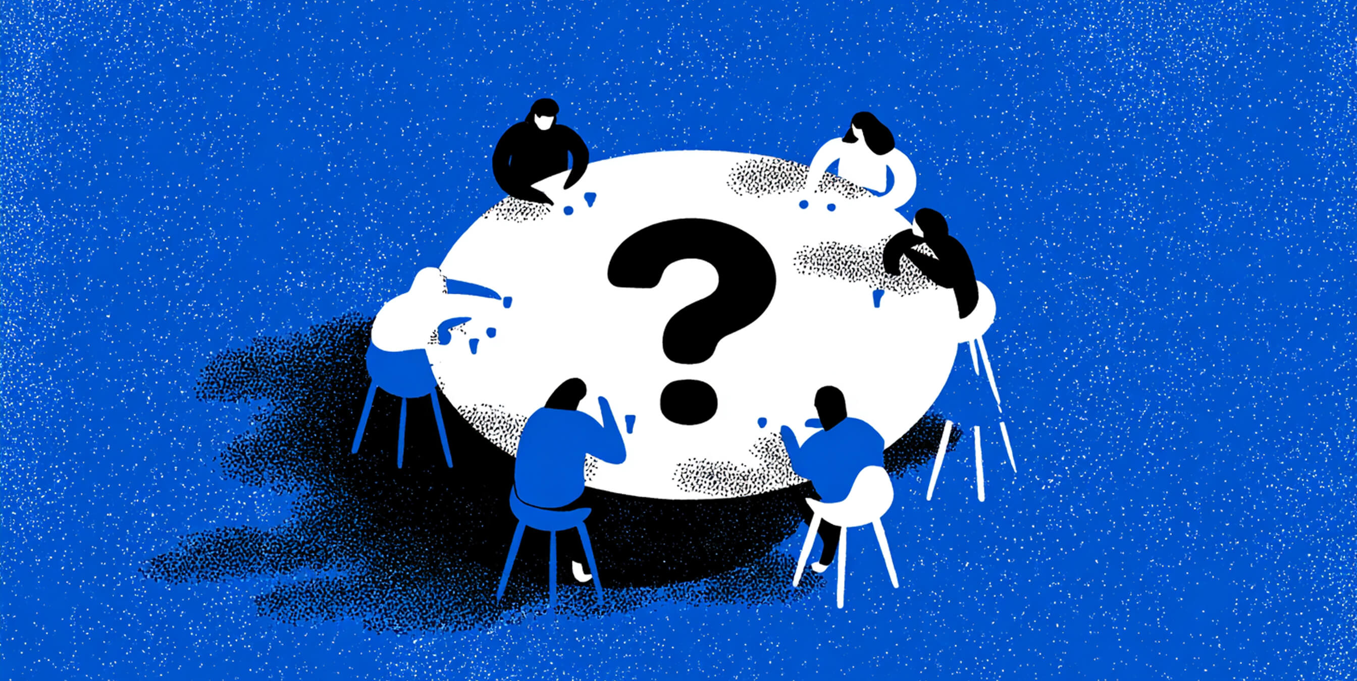 Illustration of six people sitting around a large round table with a question mark in the center, symbolizing discussion, curiosity, and problem-solving.