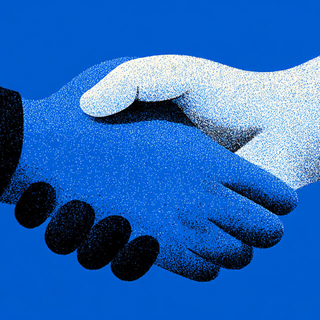 Close-up illustration of two hands shaking, one light and one dark blue, representing partnership, trust, and collaboration.