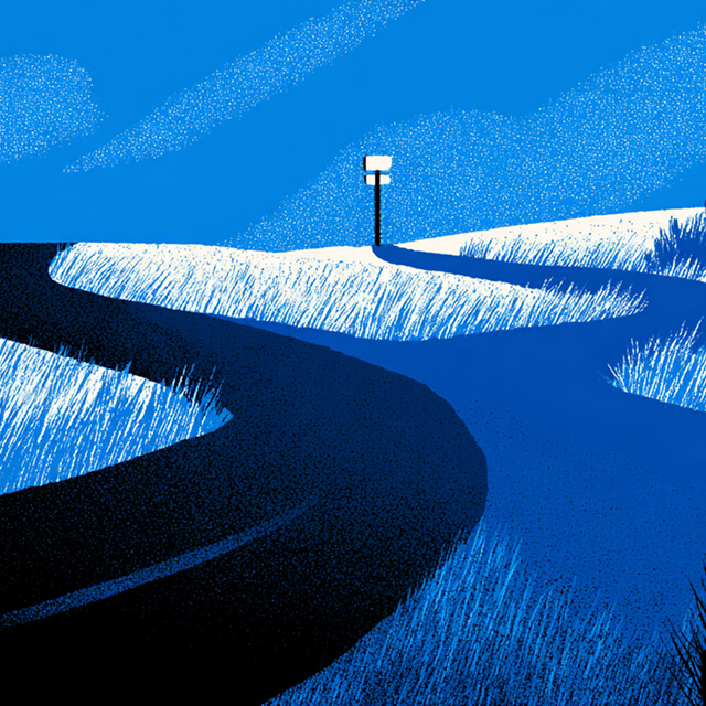 Illustration of a forked path under a bright blue sky with a signpost, representing decision-making and choosing direction.