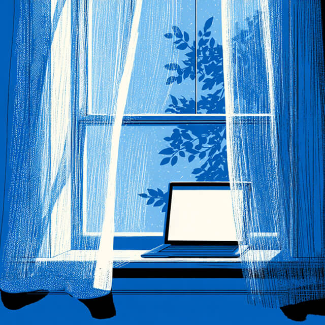 Minimalist illustration of an open laptop on a windowsill with sunlight streaming through sheer curtains, symbolizing transparency and clarity.
