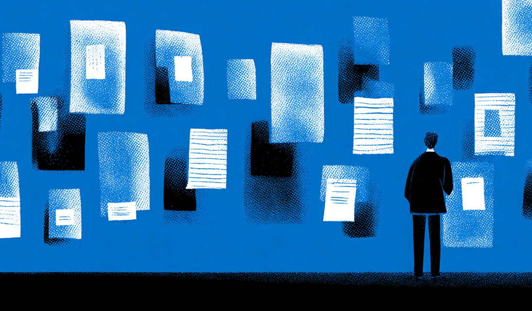 Person standing before a wall of floating documents in various shades of blue, symbolizing research, information overload, and selection.