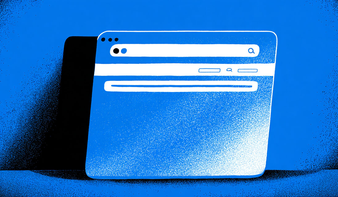 Stylized illustration of a web browser interface with a search bar, representing website navigation and digital exploration.