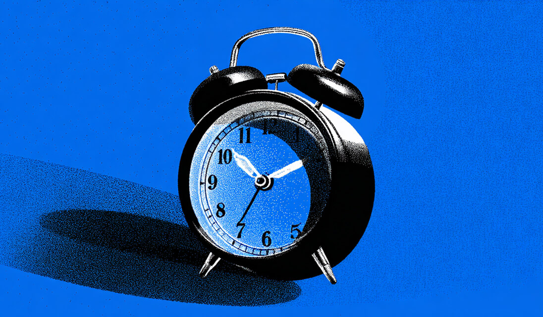 Illustration of a classic alarm clock casting a shadow on a blue surface, symbolizing time management and deadlines.