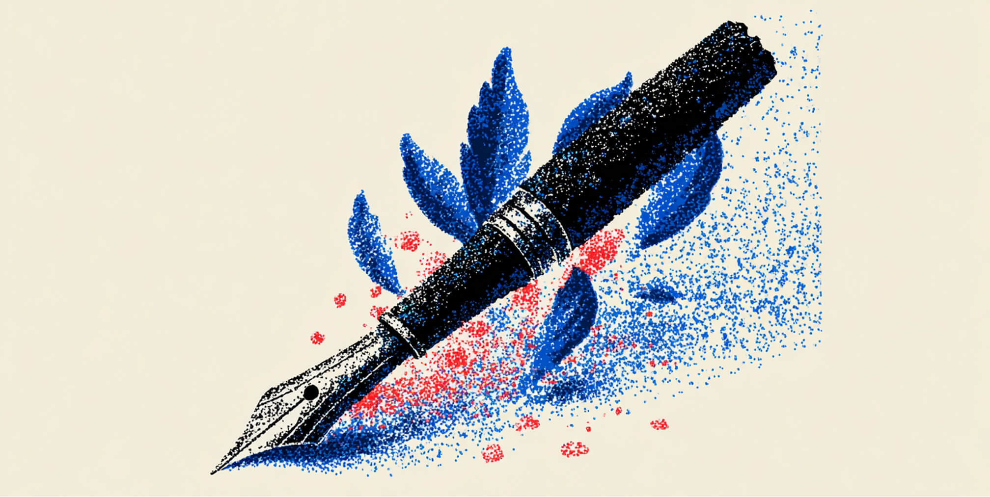 Illustration of a fountain pen with blue and red ink splashes, symbolizing creativity, craftsmanship, and precision in design.