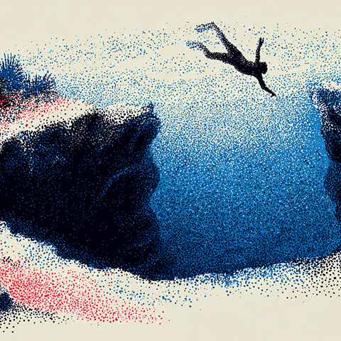 Silhouette of a person diving across a wide gap between cliffs, representing boldness, risk-taking, and innovation.