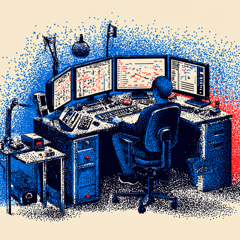 Person sitting at a workstation surrounded by multiple computer monitors displaying data and code, symbolizing expertise and technical mastery.
