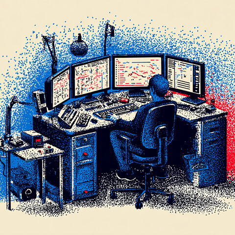 Person sitting at a workstation surrounded by multiple computer monitors displaying data and code, symbolizing expertise and technical mastery.