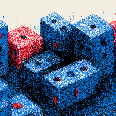 Cluster of red and blue dice arranged in perspective, symbolizing strategy, decision-making, and calculated risk.