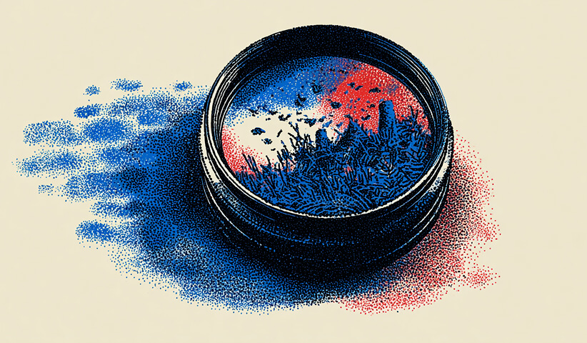 Camera lens reflecting a vibrant red and blue landscape, symbolizing perspective, clarity, and creative vision.