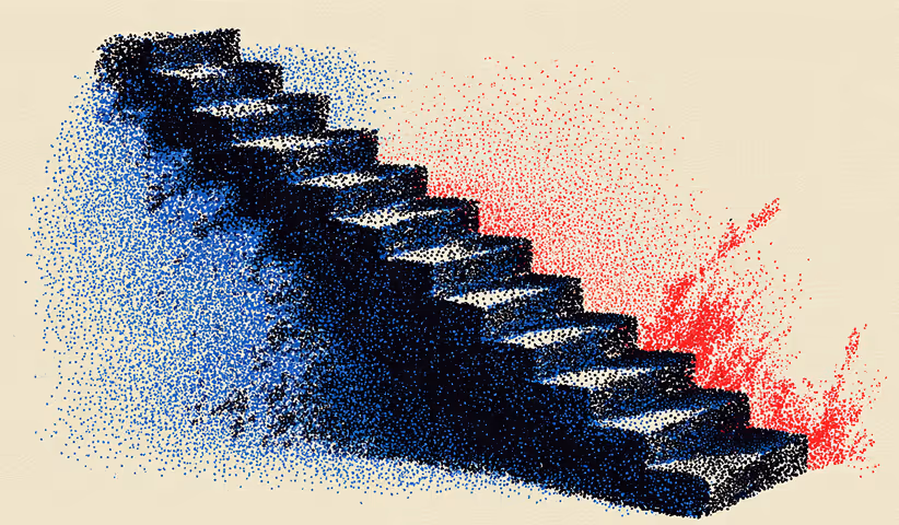 Staircase rendered in red and blue tones ascending diagonally, representing growth, progress, and advancement.