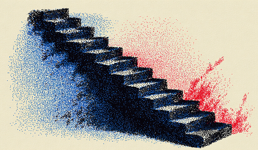 Staircase rendered in red and blue tones ascending diagonally, representing growth, progress, and advancement.
