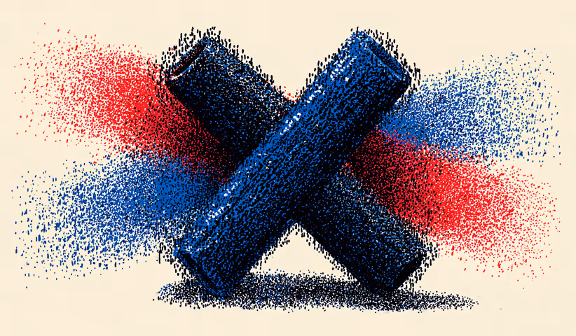 Two crossed cylinders emitting red and blue particles, symbolizing collaboration, balance, and intersecting ideas.