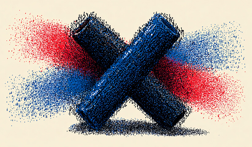 Two crossed cylinders emitting red and blue particles, symbolizing collaboration, balance, and intersecting ideas.