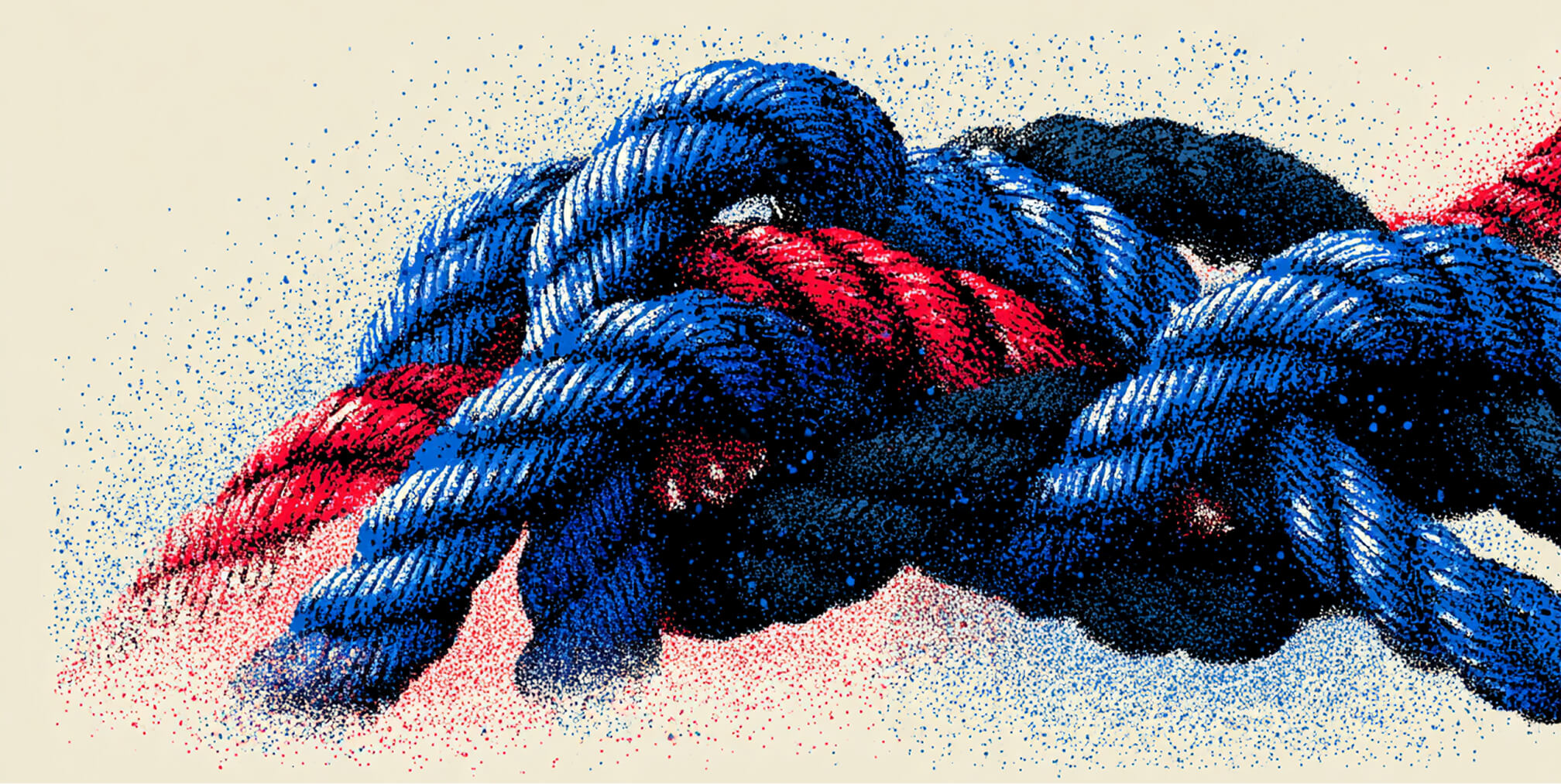 Interwoven ropes in blue, red, and black tones, symbolizing strength, connection, and integrated teamwork.