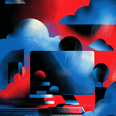 Computer monitor surrounded by abstract red and blue cloud shapes, representing digital platforms, cloud technology, and online environments.