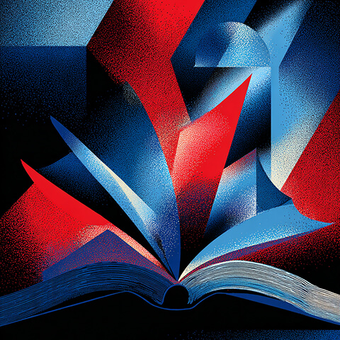 Abstract illustration of an open book with red and blue geometric shapes rising from its pages, symbolizing learning, creativity, and the unfolding of new ideas.