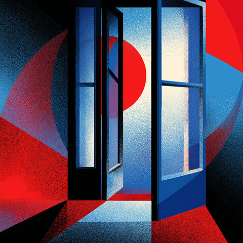 Open doorway with geometric red and blue lighting, symbolizing opportunity, insight, and discovery.