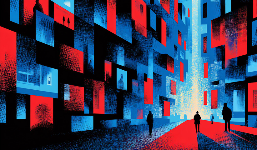 Abstract cityscape with silhouettes of people among red and blue glowing windows, representing networking and digital presence.