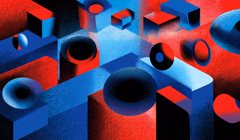 Floating geometric shapes in red and blue tones, symbolizing data analysis, structure, and creative exploration.
