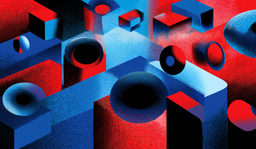 Floating geometric shapes in red and blue tones, symbolizing data analysis, structure, and creative exploration.