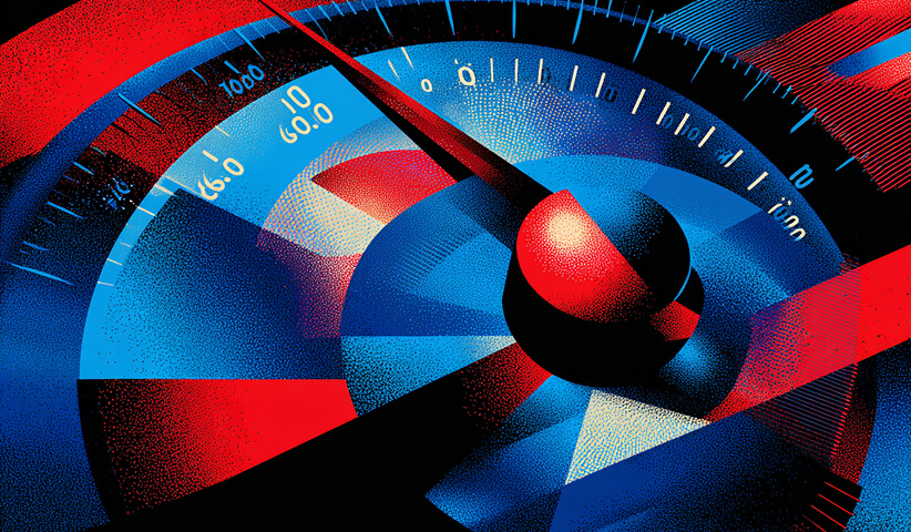 Speedometer rendered in red and blue gradients, symbolizing measurement, performance, and evaluation.