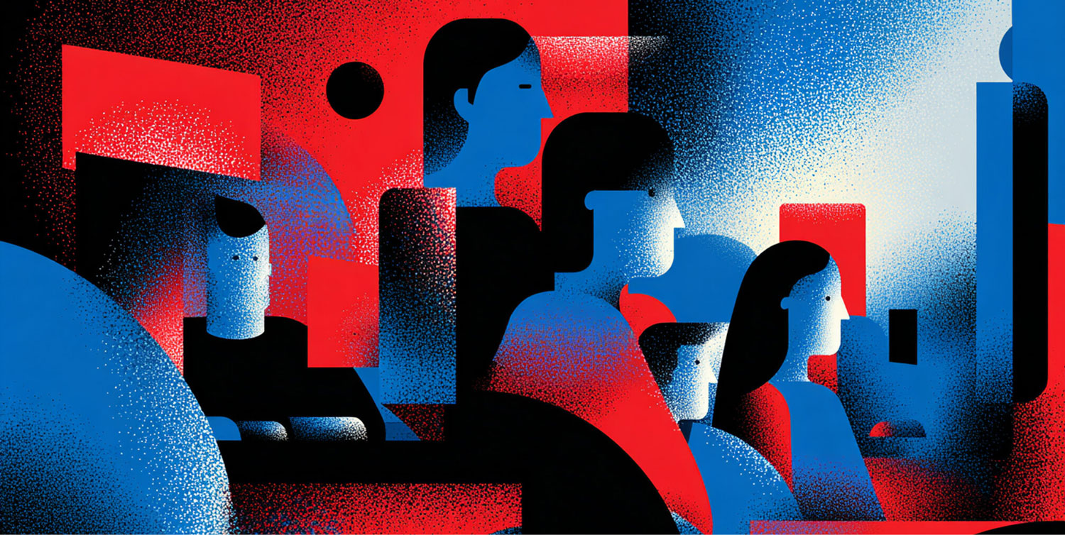 Group of abstract human figures facing forward under geometric lighting, symbolizing teamwork and creative collaboration.