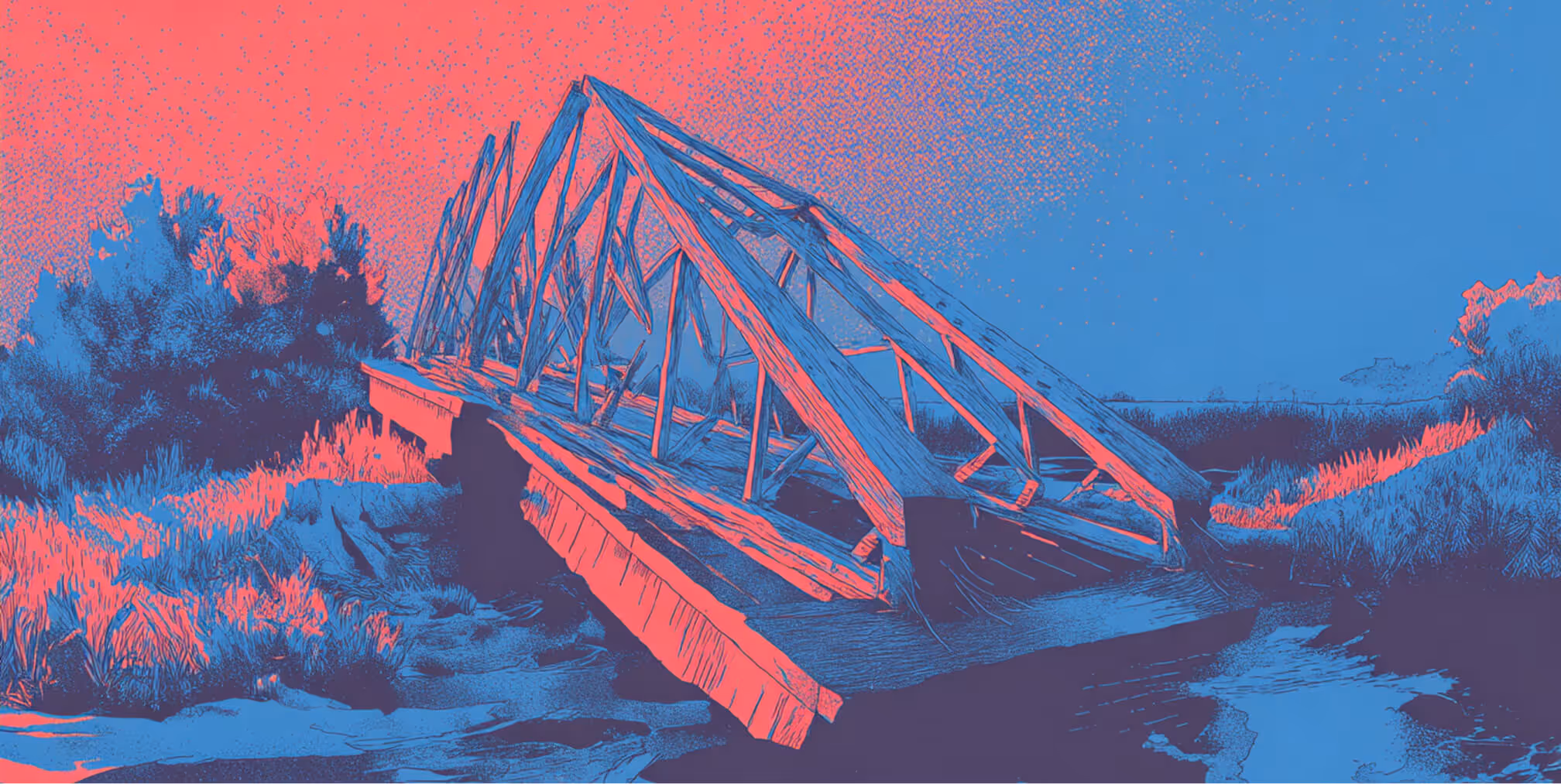 Abstract illustration of a broken wooden bridge in red and blue tones, symbolizing system failure, disruption, or breakdown in connectivity.
