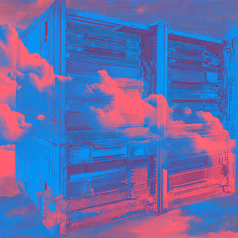 Cloud server racks in surreal red and blue tones, symbolizing cloud infrastructure, hosting, and digital storage systems.