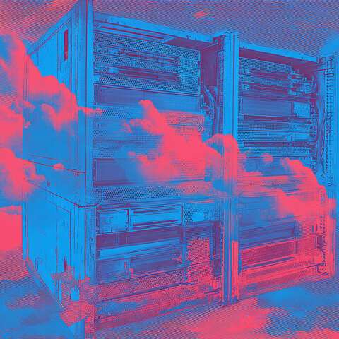 Cloud server racks in surreal red and blue tones, symbolizing cloud infrastructure, hosting, and digital storage systems.