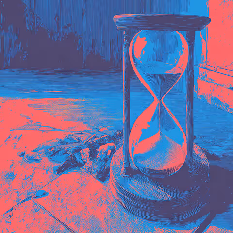Hourglass resting on a cracked surface, representing the passage of time, patience, and waiting during system downtime.