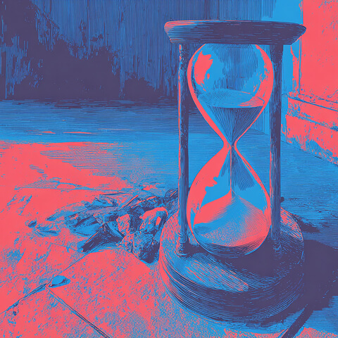 Hourglass resting on a cracked surface, representing the passage of time, patience, and waiting during system downtime.