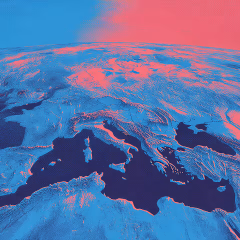 Satellite view of Earth highlighting Europe and the Mediterranean in red and blue hues, symbolizing global connectivity and network scale.