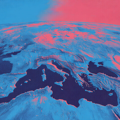 Satellite view of Earth highlighting Europe and the Mediterranean in red and blue hues, symbolizing global connectivity and network scale.