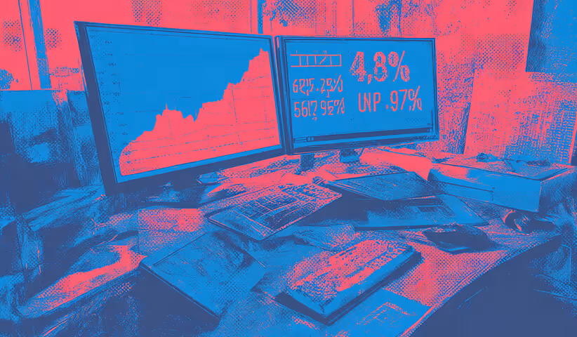 Dual computer monitors showing performance charts and statistics, representing system monitoring, analytics, and uptime tracking.