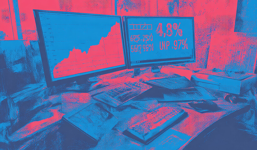 Dual computer monitors showing performance charts and statistics, representing system monitoring, analytics, and uptime tracking.