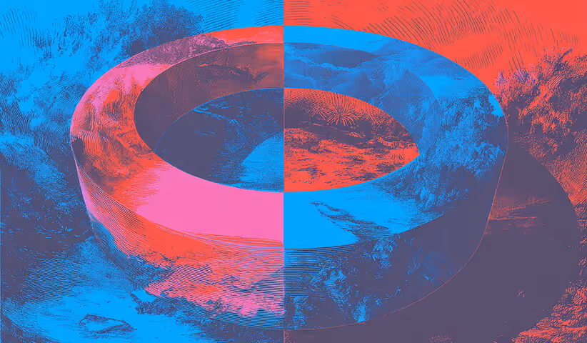Circular loop shape blending landscape imagery in red and blue, symbolizing cycles, continuity, and interconnected systems.