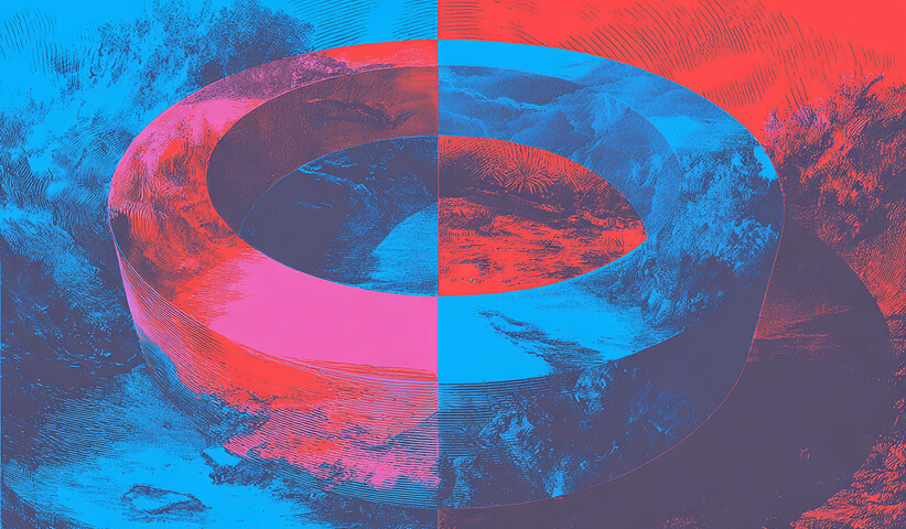 Circular loop shape blending landscape imagery in red and blue, symbolizing cycles, continuity, and interconnected systems.