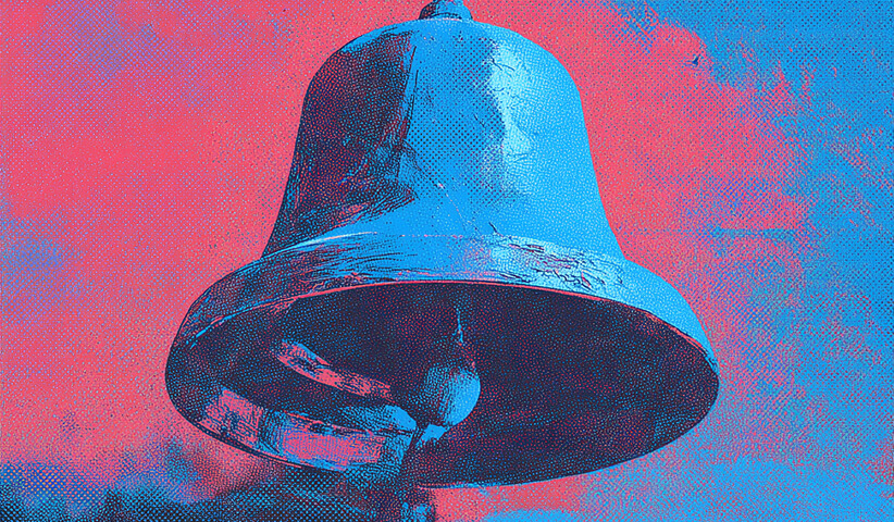 Large metallic bell against a red and blue sky, symbolizing alerts, notifications, and warnings.