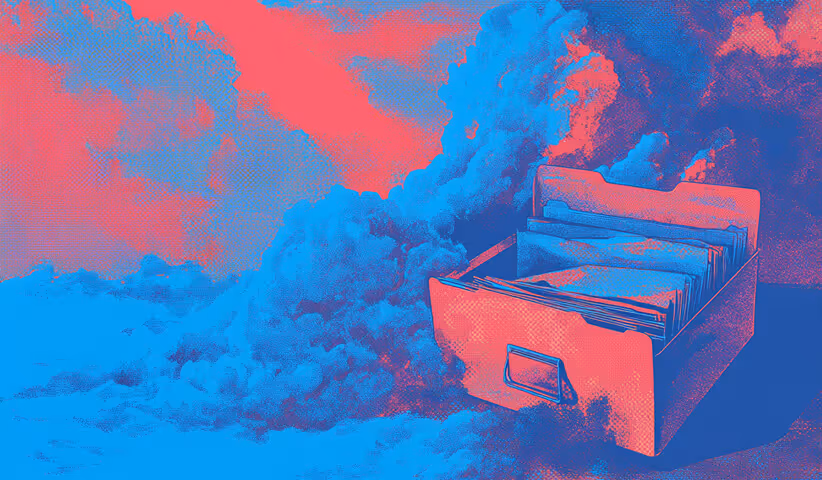 File drawer surrounded by clouds, representing cloud storage, data backups, and digital file organization.