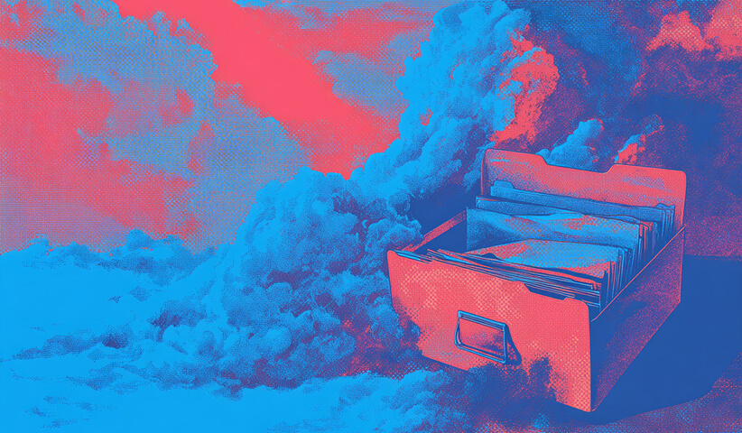 File drawer surrounded by clouds, representing cloud storage, data backups, and digital file organization.