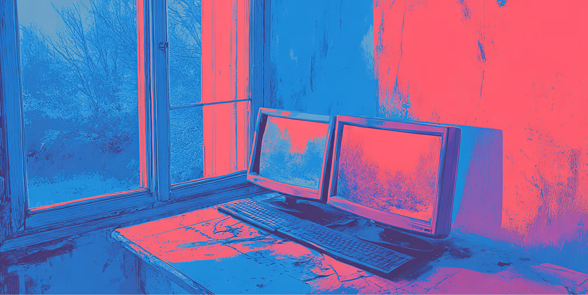Two computer monitors on a worn desk near a window, symbolizing an offline workspace or temporary system halt.
